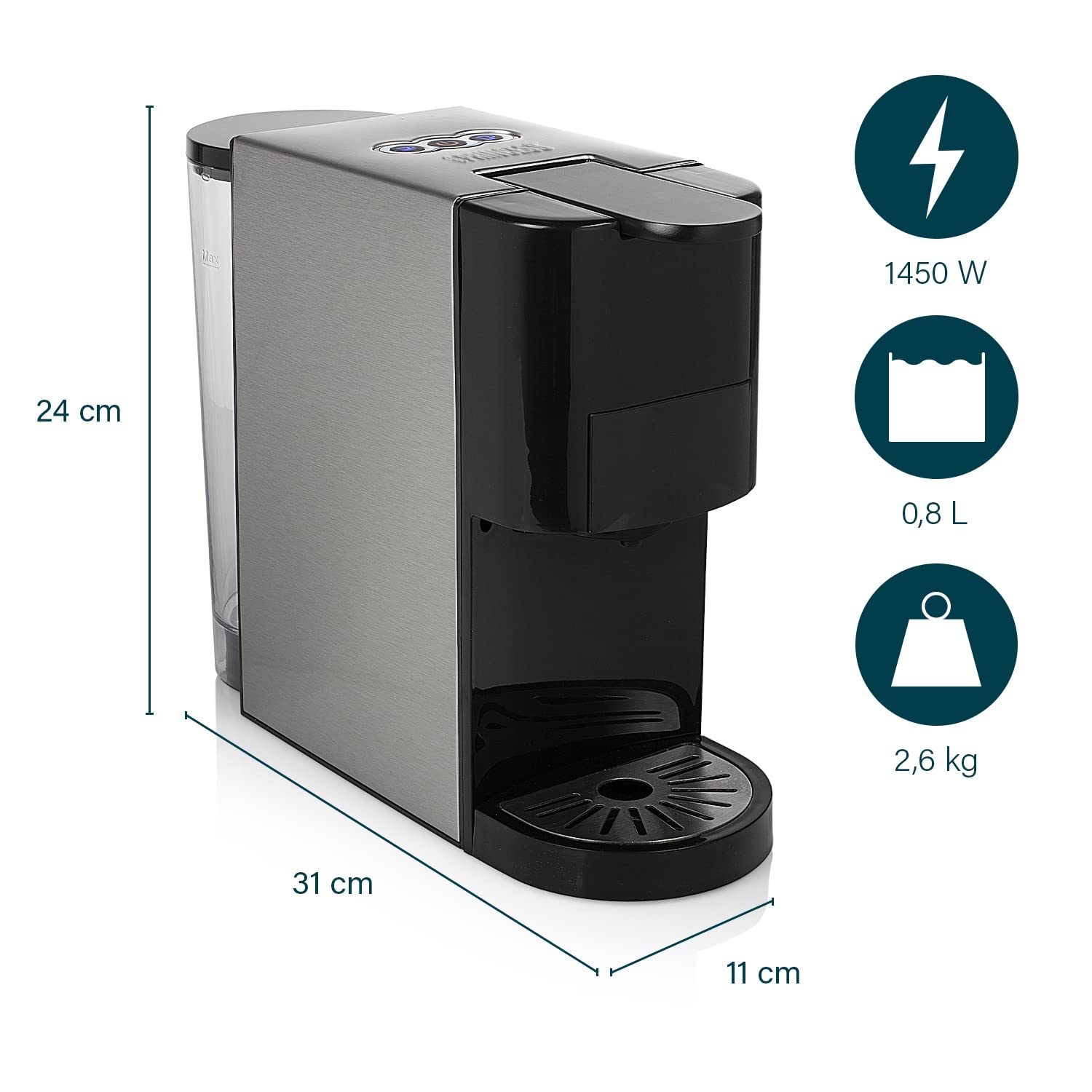Machine à café multi-capsules 4 en 1 – Capsules, dosettes, café moulu – 800 ml – 1450 W – Noir et argent | Elevira