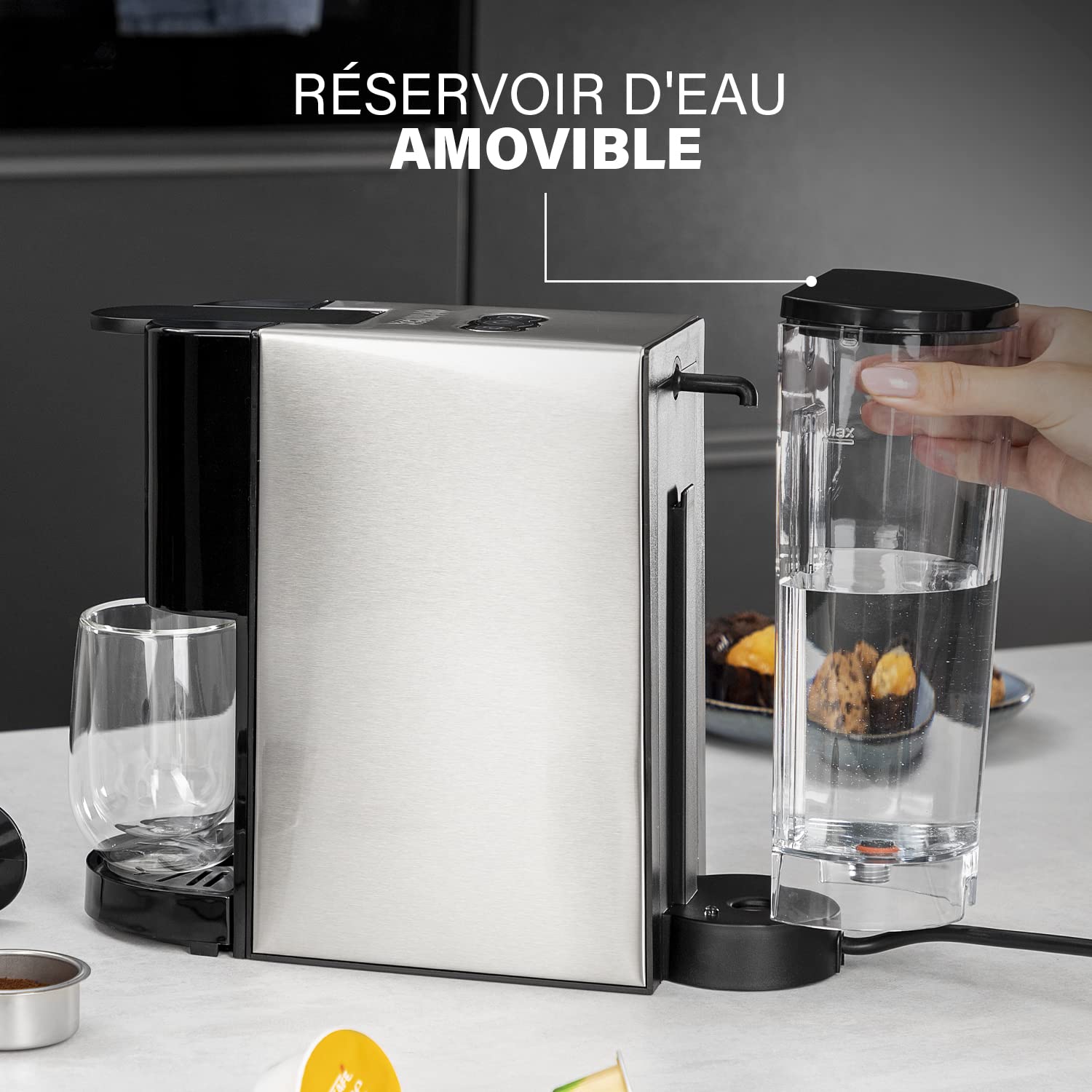 Machine à café multi-capsules 4 en 1 – Capsules, dosettes, café moulu – 800 ml – 1450 W – Noir et argent | Elevira