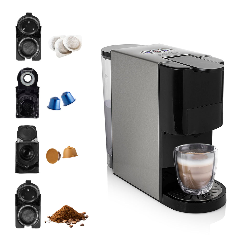 Machine à café multi-capsules 4 en 1 – Capsules, dosettes, café moulu – 800 ml – 1450 W – Noir et argent | Elevira