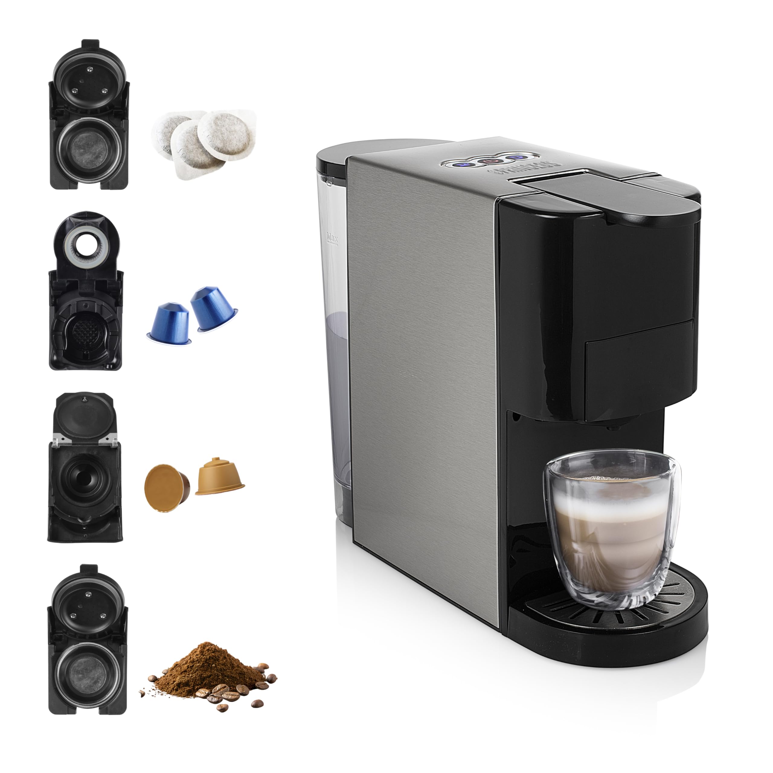 Machine à café multi-capsules 4 en 1 – Capsules, dosettes, café moulu – 800 ml – 1450 W – Noir et argent | Elevira