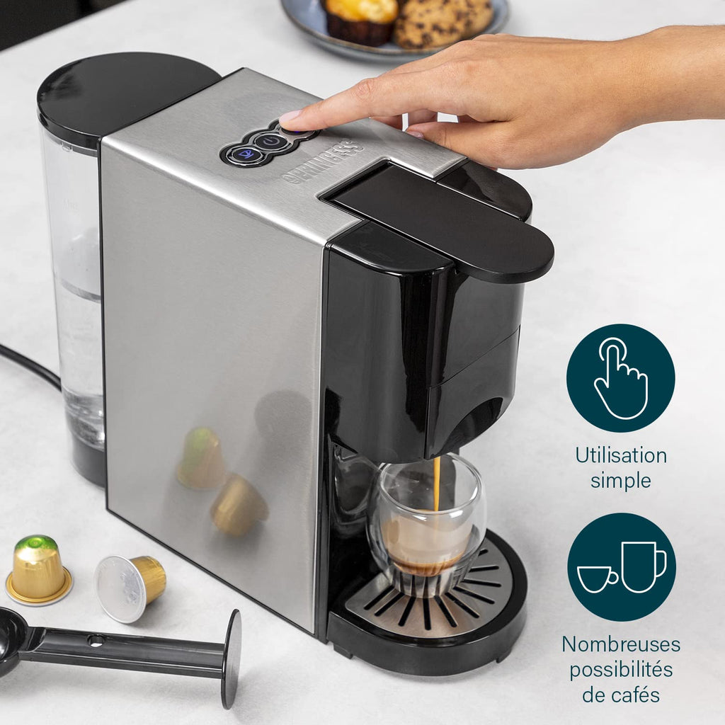 Machine à café multi-capsules 4 en 1 – Capsules, dosettes, café moulu – 800 ml – 1450 W – Noir et argent | Elevira