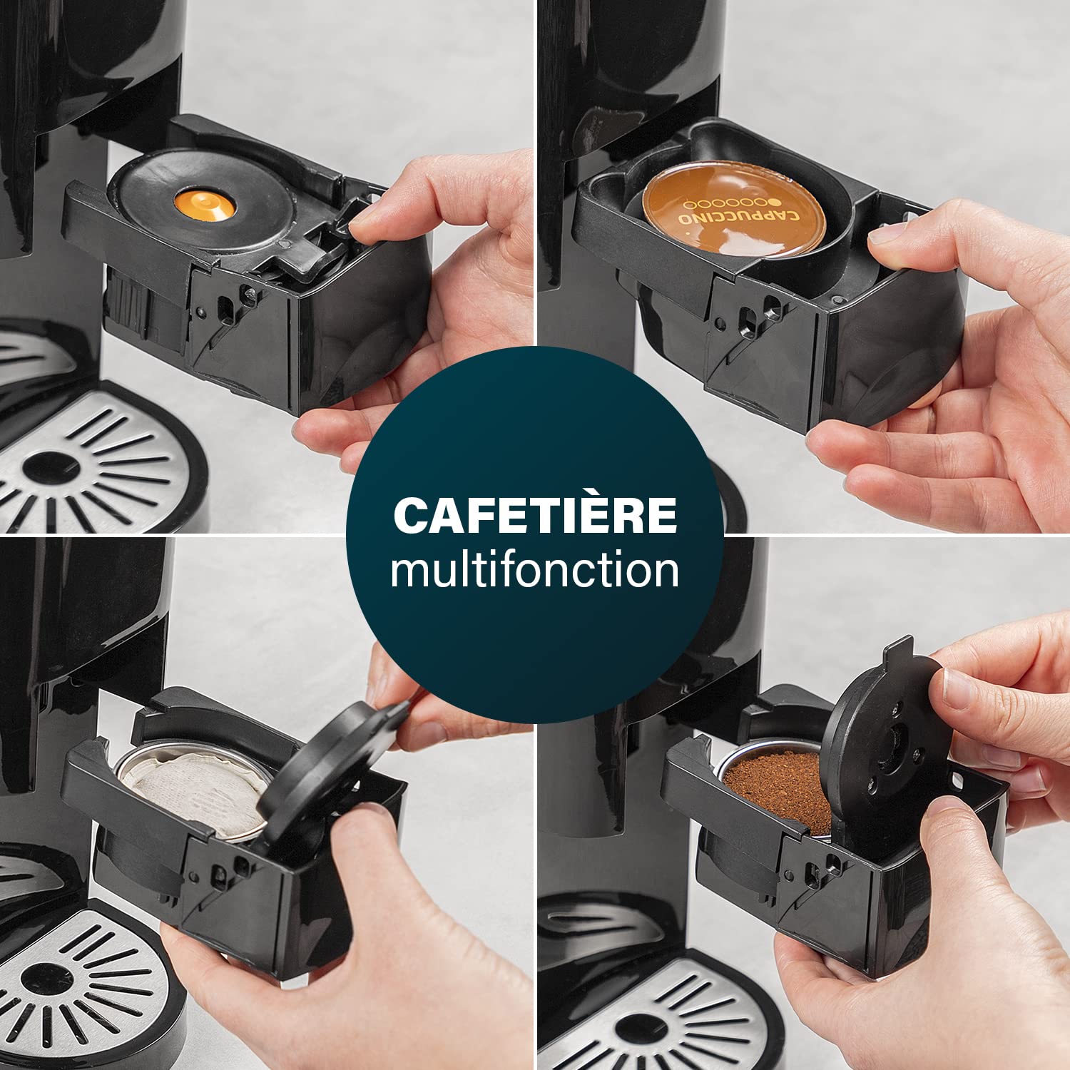 Machine à café multi-capsules 4 en 1 – Capsules, dosettes, café moulu – 800 ml – 1450 W – Noir et argent | Elevira