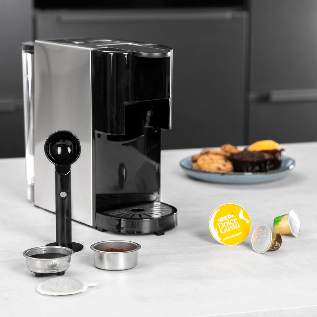 Machine à café multi-capsules 4 en 1 – Capsules, dosettes, café moulu – 800 ml – 1450 W – Noir et argent | Elevira